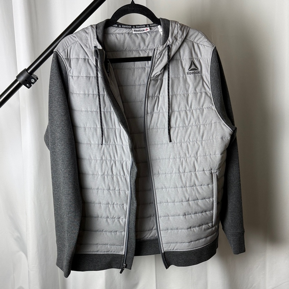 Reebok Quilted Hooded Jacket in Light Gray and Charcoal